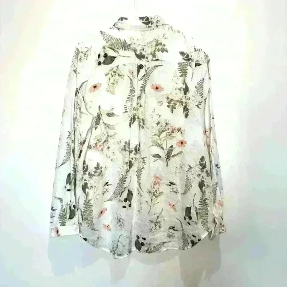 LORD & TAYLOR 100% Linen Floral Button Up Shirt Blouse Size  L or XL - Picture 6 of 6